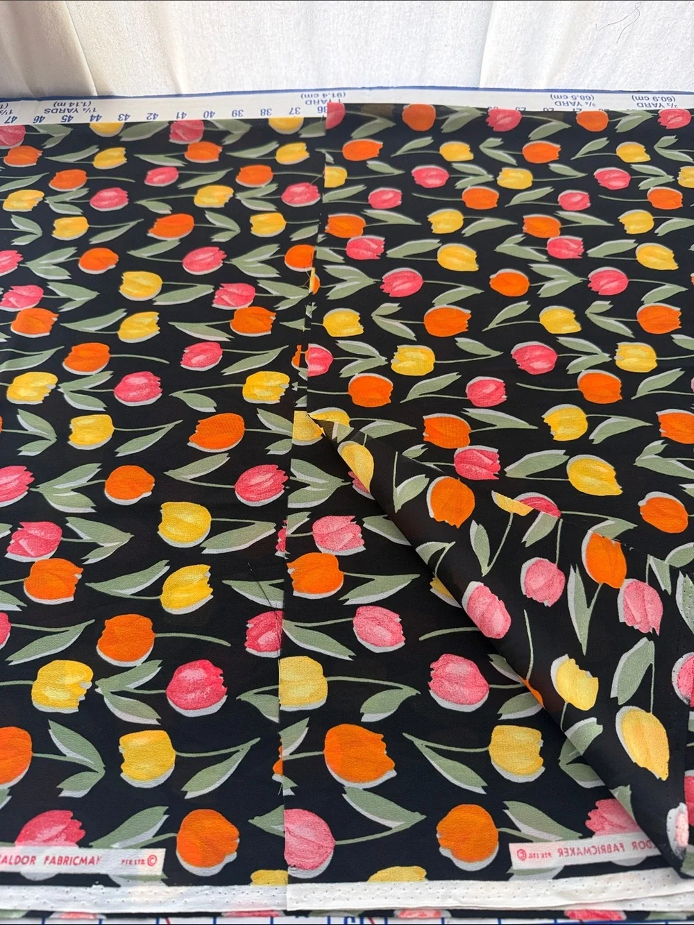 Vintage John Kaldor Fabric 1980s Tulip Floral Black Dress Fabric 3 Yards x 44